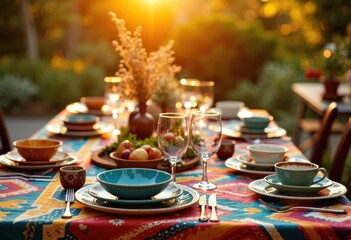 Fototapeta premium Elegant outdoor dining table set with colorful tableware and glassware at sunset