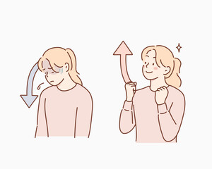 feeling up and down: flat male character emotions. Hand drawn style vector design illustrations.