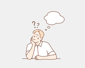 Curious man with Questioning Thoughts and Speech Bubbles. Hand drawn style vector design illustrations.