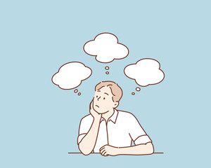 Overthinking male with Floating Ideas and Questions. Hand drawn style vector design illustrations.