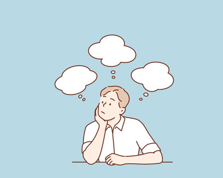 Overthinking male with Floating Ideas and Questions. Hand drawn style vector design illustrations.