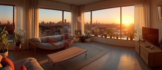 detailed interior bedroom scene, large panoramic windows overlooking city skyline at sunset, warm lighting, cozy atmosphere, modern decor, minimal style, high quality, realistic, cinematic
