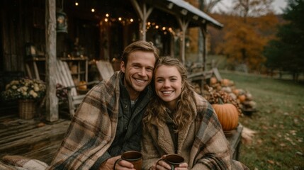 Smiling Couple Wrapped in Blanket on Rustic Porch in Autumn