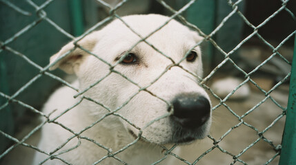 White dog behind metal fence looking sad and lonely in shelter