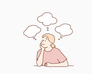Positive Young Woman Thinking with Speech Bubbles Above. Hand drawn style vector design illustrations.