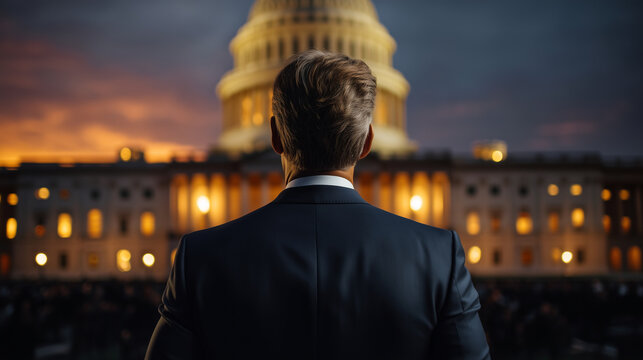 cinematic view of man standing before massive illuminated capitol building, crowd gathered, warm golden hour lighting, statues and architecture emphasizing power and authority capi
