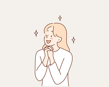 Hopeful Young Woman Making a Wish with Joyful Smile. Hand drawn style vector design illustrations.