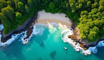 Aerial View of a Secluded Beach with Turquoise Waters and Lush Green Forest