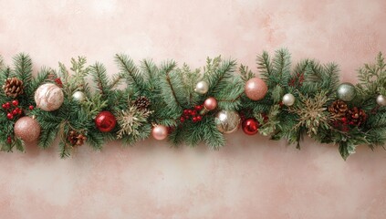 Festive garland of greenery and ornaments in soft pinks and reds, on a blush-colored backdrop