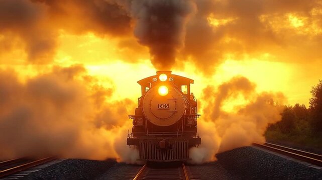 Steaming train heads forward against golden sky, smoke billowing high