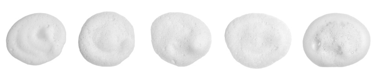 Abstract soap bubbles. Set of soap bubbles. Shampoo or shower gel. Isolated soap bubbles on white background. Contrast background.