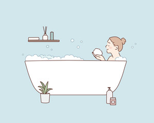Woman Relaxing in Bathtub with Bubbles. Hand drawn style vector design illustrations.
