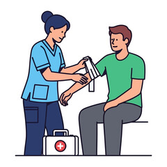 Medical Aid Scene: In a concise, vector-style representation, a healthcare worker attentively applies a bandage to a patient's arm, with the first aid kit as an accessory.
