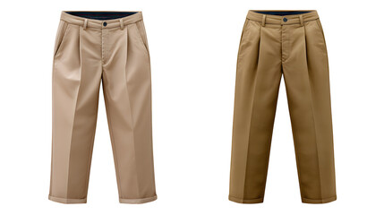Folded khaki trousers with visible waistband and tag, front and back views side by side, isolated on white background