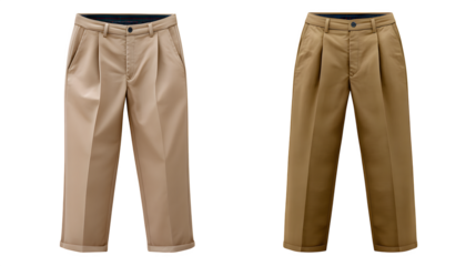 Folded khaki trousers with visible waistband and tag, front and back views side by side, isolated on white background
