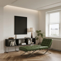 Modern living room with green daybed and black framed artwork