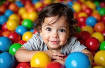 Obraz premium A young girl with dark curly hair smiling among colorful plastic balls in a ball pit