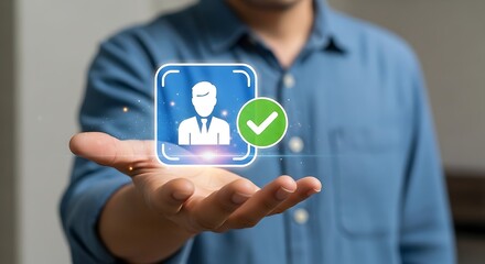 Man holding digital identity verification badge with green checkmark and professional icon
