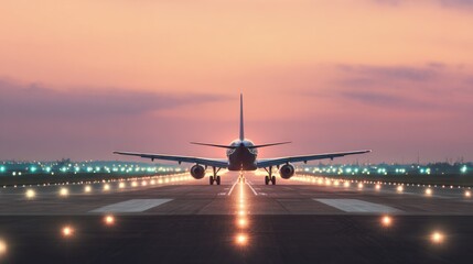 Commercial airliner positioned on illuminated runway during dramatic sunset creates stunning silhouette against pink sky, highlighting aviation excellence, travel dreams and departure anticipation.