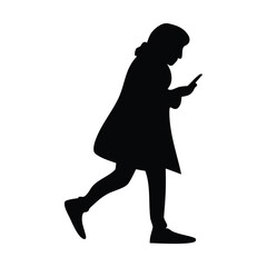 Walking Woman Silhouette Looking at Smartphone – Vector Illustration