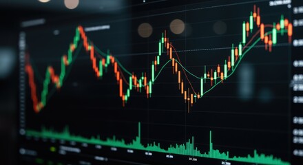 A fluctuating stock market candlestick chart with red and green indicators on a digital display screen.