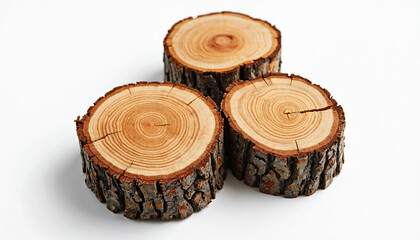 Three Cut Tree Trunk Slices on White Surface