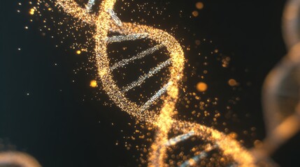 Golden DNA helix rotates with sparkling particle effects and warm lighting, representing genetic breakthroughs, life sciences advancement and molecular biology research in elegant visualization.