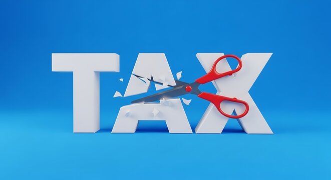 White 3D tax word being cut by red scissors on blue background financial concept