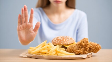 Woman making hand gesture to refuse hamburger, french fries and fried chicken on table, symbolizing healthy eating, dieting, avoiding junk food, weight loss and balanced nutrition lifestyle choices