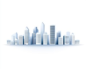 Minimalist blue-toned cityscape illustration featuring a skyline with various skyscrapers, buildings, and classical structures, set against a clean white backdrop