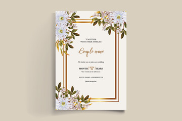WEDDING INVITATION FRAME WITH FLOWER DECORATIONS AND FRESH LEAVES