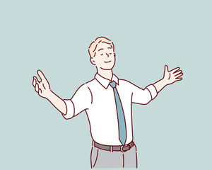 Business man feeling freedom with arms outstretched outdoors. Hand drawn style vector design illustrations.