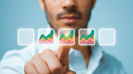 Man touching digital financial graphs on a screen interface with positive trends and growth analysis showing business strategy and data visualization
