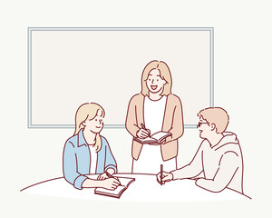 Teacher and students discussing together to solve problems in classroom. Hand drawn style vector design illustrations.