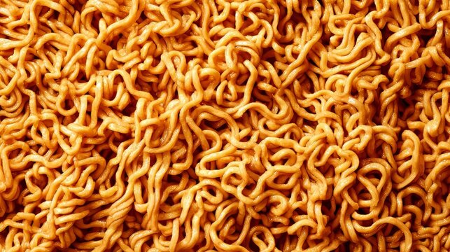 Close-up view of instant noodles texture with curly strands and wavy patterns, uncooked dry ramen block background for Asian cuisine concept, fast food, convenience meal and snack preparation design