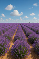 Obraz premium Vast Lavender Field Under Bright Blue Sky with White Clouds