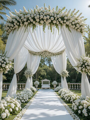 A beautiful white canopy with white flowers on the wedding day. High quality FullHD footage