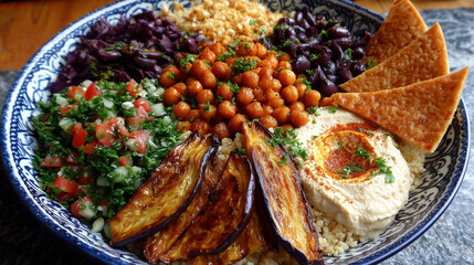 Bowl with a healthy Mediterranean platter, including spiced chickpeas, fresh tabbouleh salad, roasted eggplant, hummus, and black olives, served with pita triangles.

