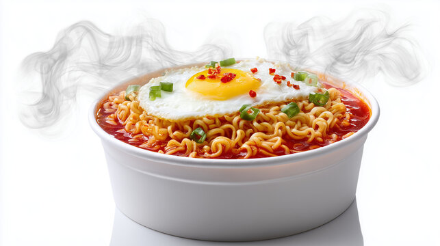 Hot and spicy instant ramyeon served in a red disposable bowl, with a fried egg and chopped green onions on top.