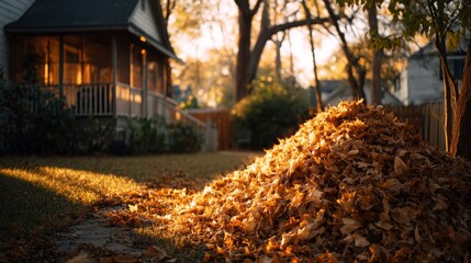 Autumn Leaves Pile in a Suburban Backyard at Golden Hour