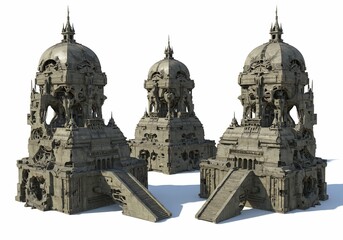 Fototapeta premium Three weathered stone structures with domed roofs and intricate architectural details on a white background