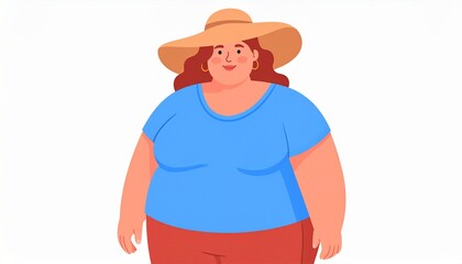 Cartoon Illustration of a Plus Size Woman Wearing a Hat and Casual Clothes