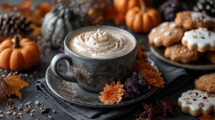 Fototapeta premium Pumpkin Spice Latte with Autumn Treats