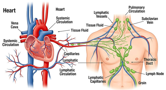 Detailed anatomical illustration of the human heart and lymphatic system, showing circulation and components.