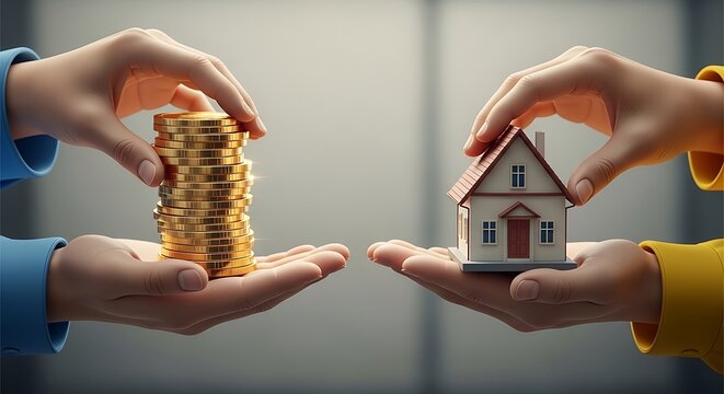 Two people exchanging a stack of gold coins for a small model house