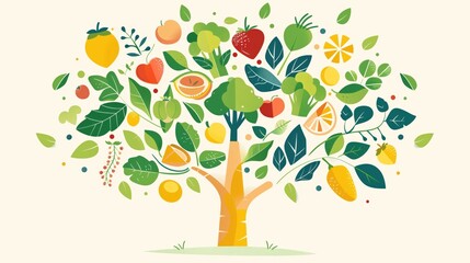 National Folic Acid Awareness Week. Vector illustration of family tree made from green leafy vegetables and fruits rich in folic acid, modern flat design style, vibrant colors, clean geometric shapes