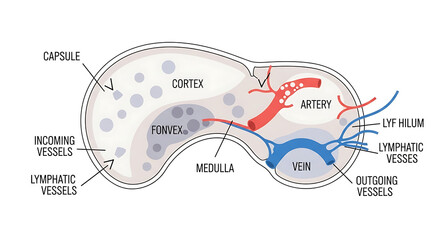 Anatomical diagram of a lymph node cross-section showing its internal structure, including the cortex, medulla, and blood vessels.