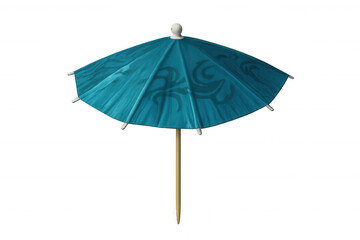 Blue cocktail umbrella with decorative pattern floating on a transparent background, perfect for summer-themed projects