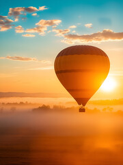 Fototapeta premium Hot air balloon flight over misty field at sunrise with colorful sky and golden light