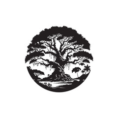 Banyan Tree Silhouette in Black on White Background. © Faysal